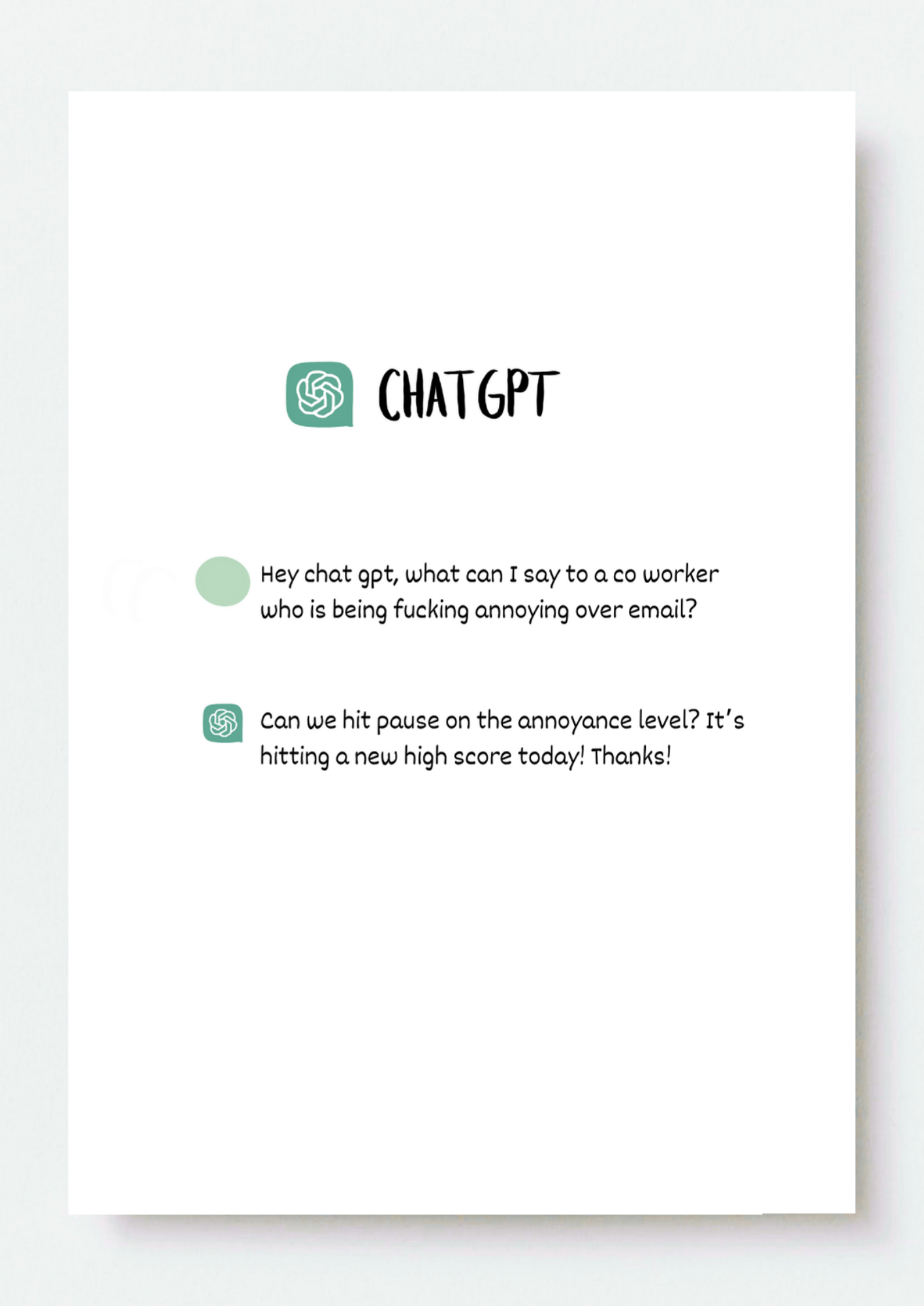 Pretend ChatGPT Annoying Co Worker Card