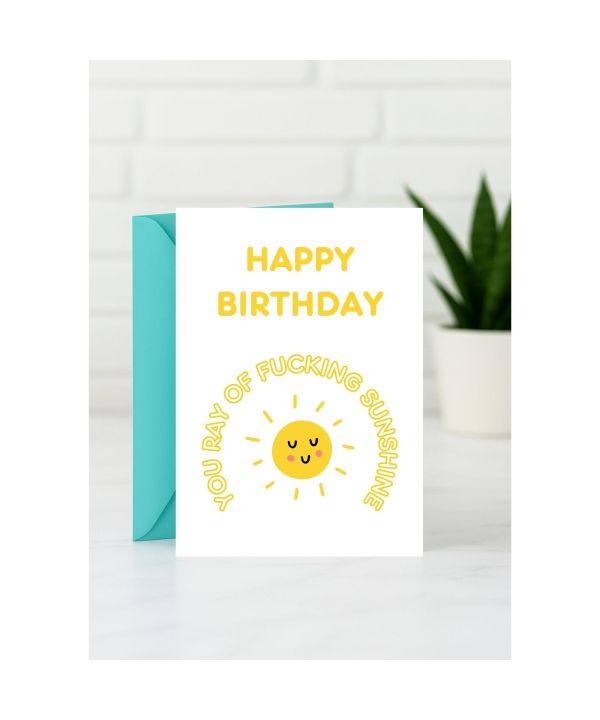 Birthday card with a ray-of-sunshine message and a sharp edge card design
