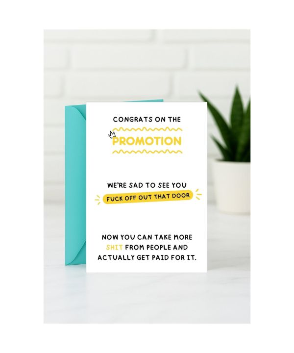 New job card with promotion congratulations and a blunt farewell card design